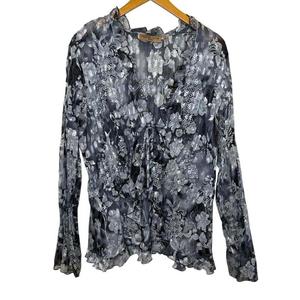 Notations Boho Witchy Y2K Gray Floral Ruffle Tie Front Long Bell Sleeve Top 2X